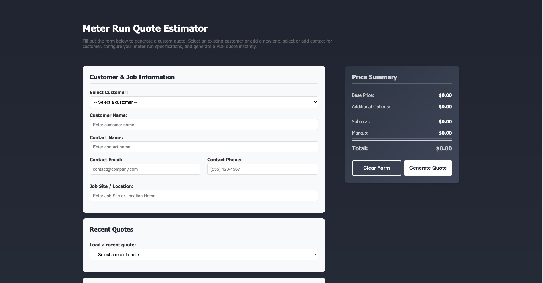 Quote Estimator Tool interface